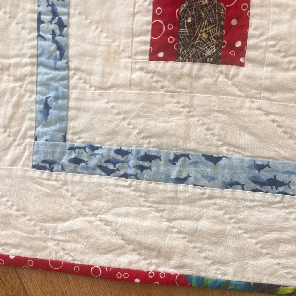 Handmade Quilted Wall Hanging Small Blanket Colorful Houses Dog Shark Border